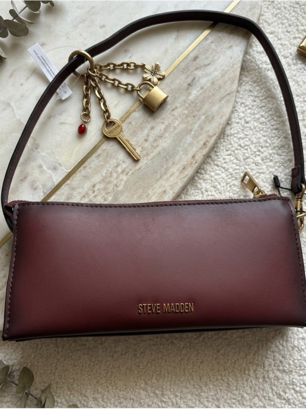 Steve Madden Burgundy Pleather Wristlet with Gold Charm Accents